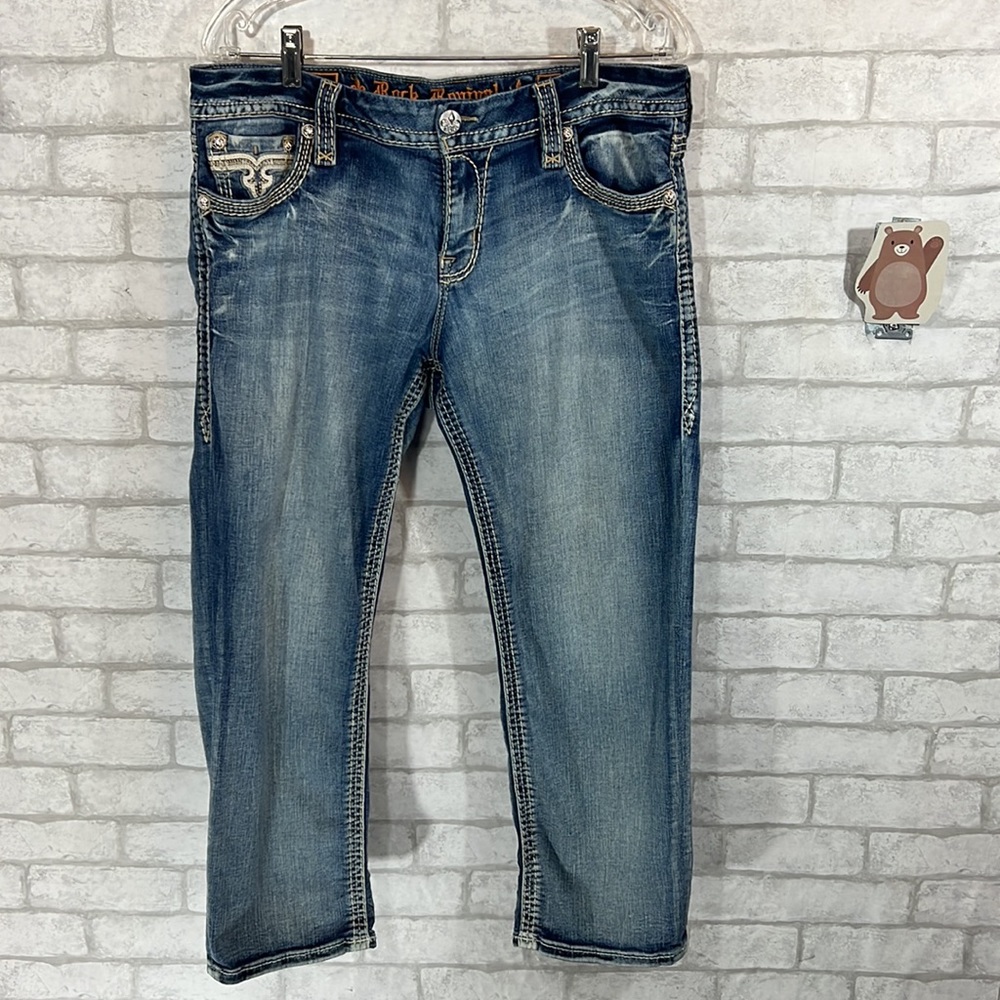 Rock Revival Blue Cropped Jeans with Distressed Finish